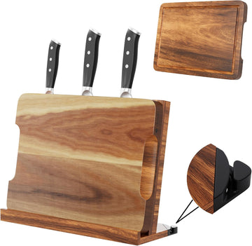 3 in 1 Magnetic Knife Block Stand, 14"x10" Cutting Board, Knife Sharpener - Wooden Magnetic Knife Holder - Acacia