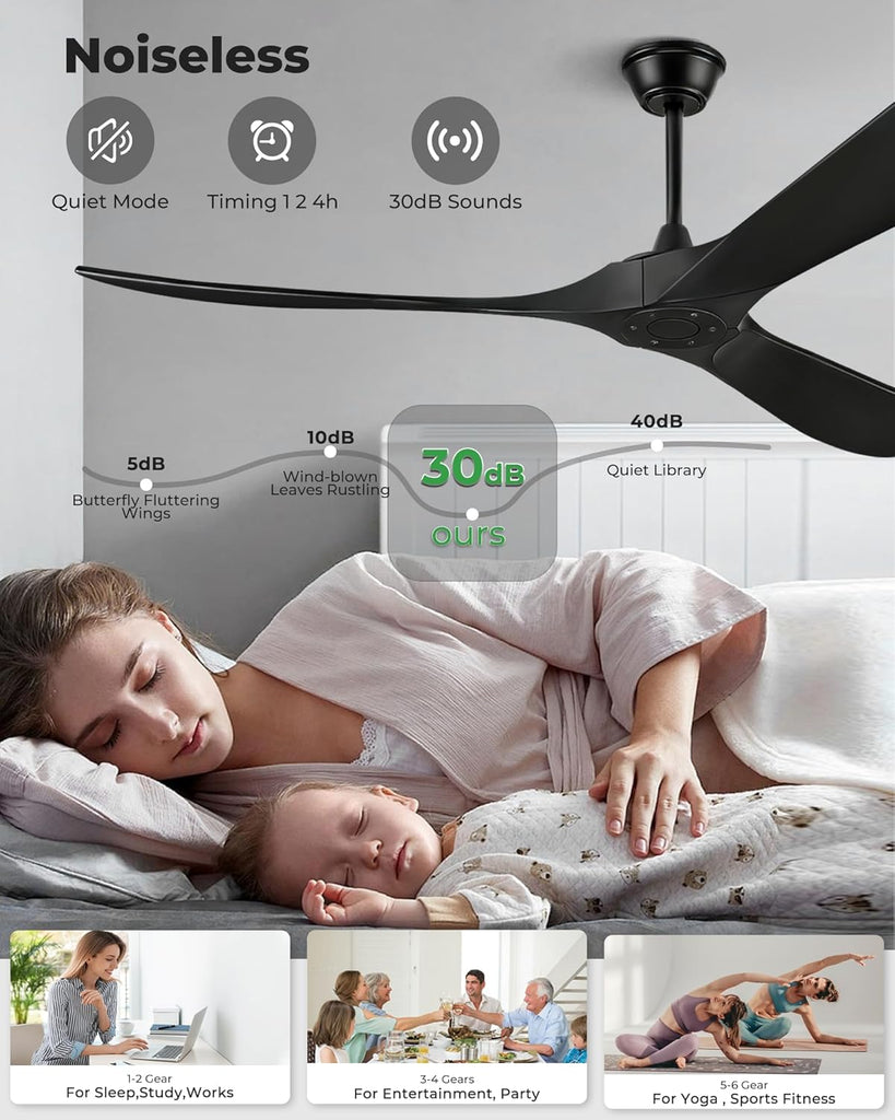 Inspired Maverick Style 60" Ceiling Fans Without Light, Solid Wood Ceiling Fan with Remote Control and Quiet DC