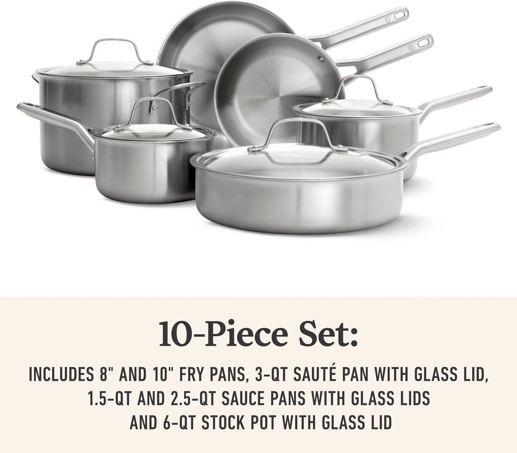 Brushed 3-Ply Stainless Steel Cookware Set w/Turbo Heat Tech 10 Piece Includes Frying Pans, Pots and Pans Set
