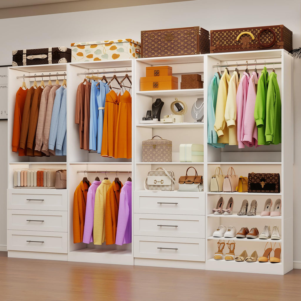 Closet System with 4 Sets, 8-21FT Closet Organizer Systems with 6 Drawers & 8 Hanging Rods & Adjustable Shelves, Walk