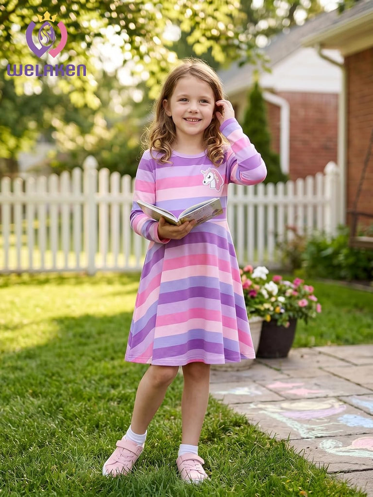 Girls Twirl Dress with Flare Hem - Colorblock Design Casual Dresses for Kids