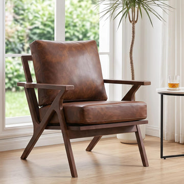 Faux Leather Accent Chair with Overstuffed Cushion, Mid-Century Modern Armchair with Solid Wood Frame, Upholstered