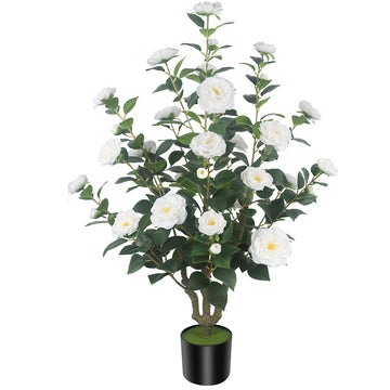 1Pack 3.44FT Artificial Camellia Trees with Flowers in Cement Pots - Lifelike Fake Trees for Front Porch, Home