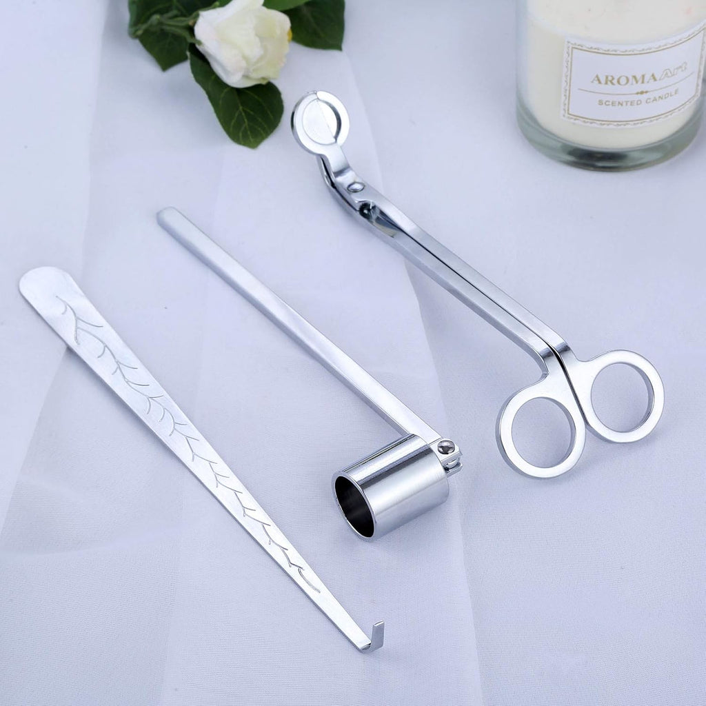 3 in 1 Candle Wick Trimmer Set, Snuffer, Dipper, Cutter, Silver - Set of 3