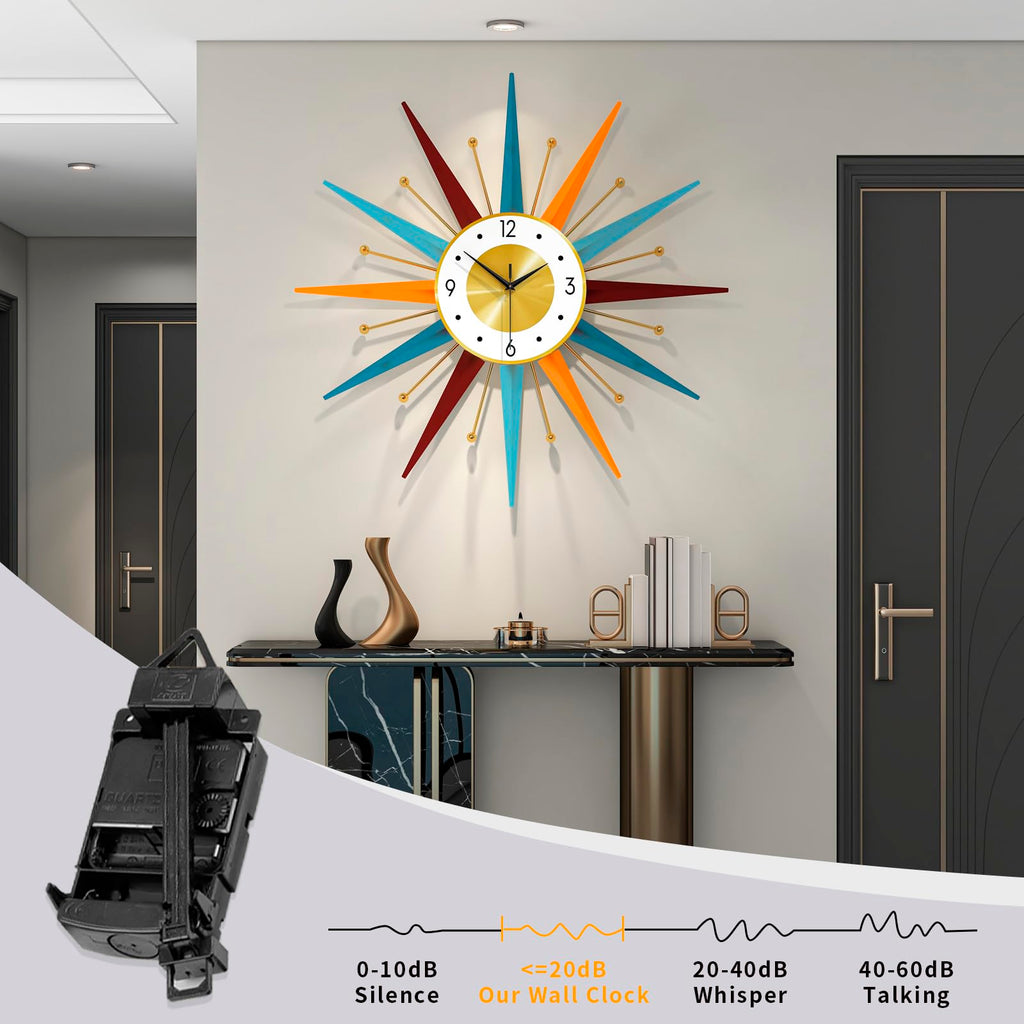 Large Starburst Wall Clock Decor 24 Inch Metal Decorative Mid Century Wall Clcok Big Modern Silent Quality Quartz