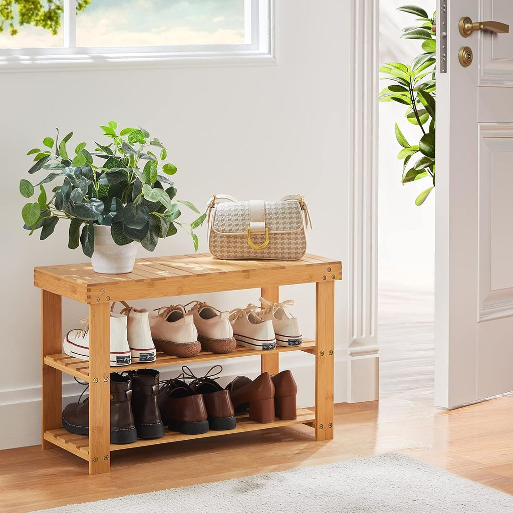 3 Tier Bamboo Shoe Rack Bench, Natural