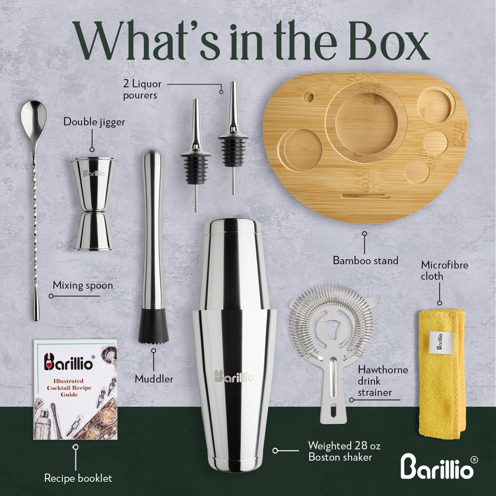 Elite Mixology Bartender Kit with Stand - Cocktail Shaker Set with Bamboo Stand, Boston Drink Shaker, Mojito Muddler - Set of 7