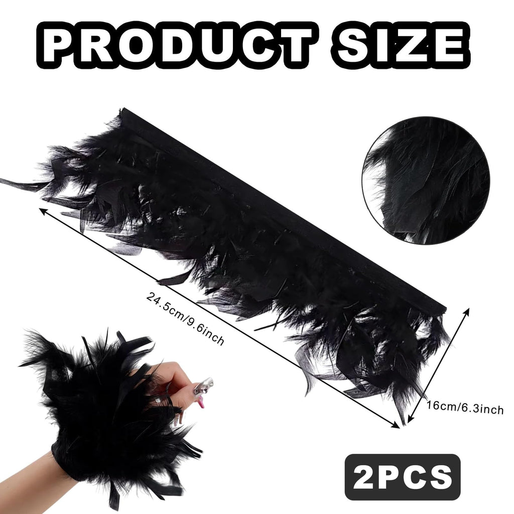 Turkey Feather Gloves Wrist Cuffs Natural Fluffy Feather Trim Fringe for Clothing DIY Dress Crafts Wedding - 2 Pcs