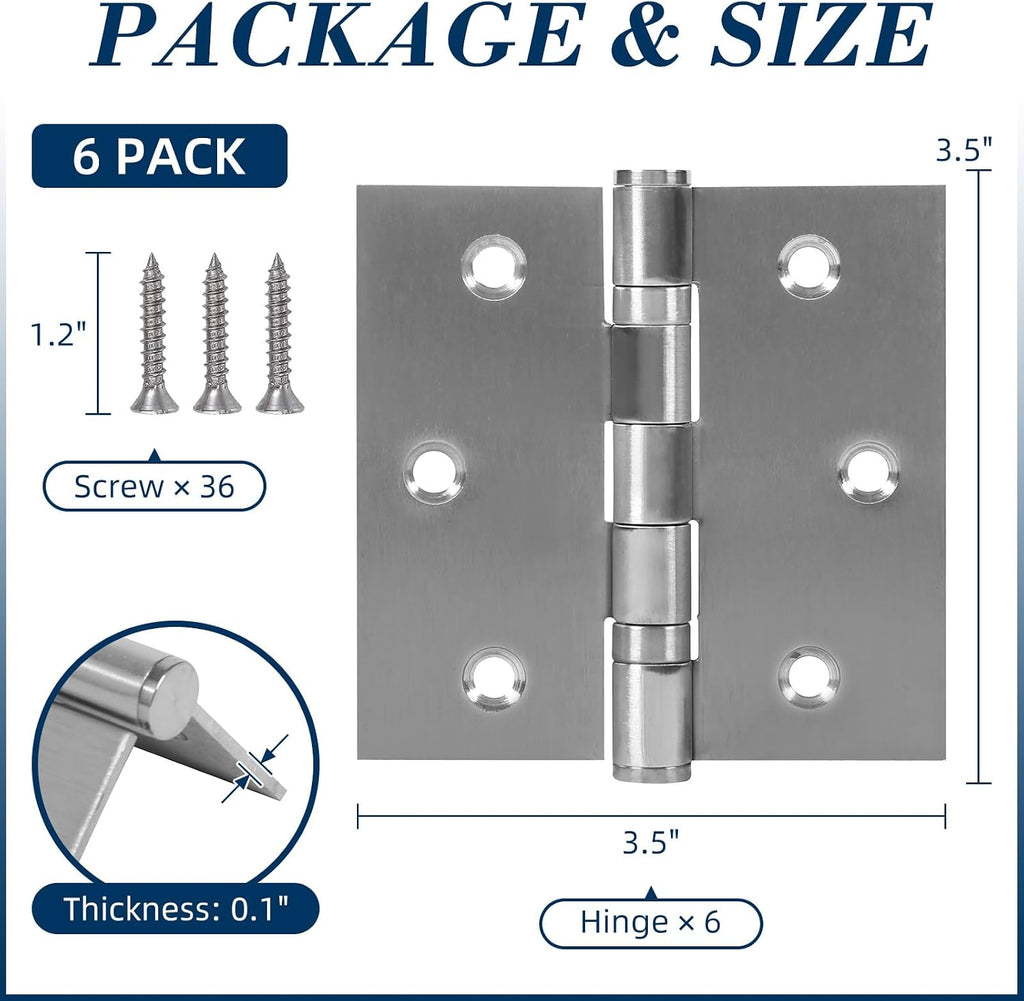 6 Pack 3.5 Inch x 3.5 Inch Door Hinges with Square Corners