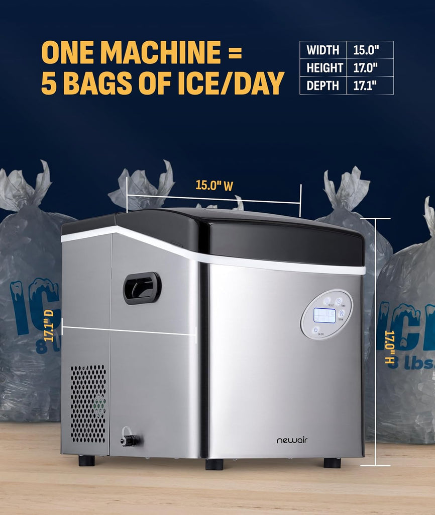 50 lb. Countertop Ice Maker | Portable Bullet Ice Machine | 12 Cubes in 7 Minutes, 3 Ice Sizes | Stainless Steel
