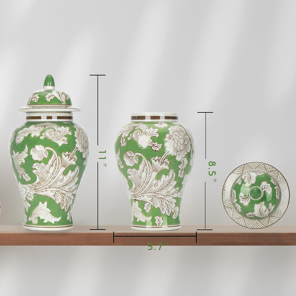 11′′ Green Ginger Jar Traditional Peony Temple Jar Home Accent Piece