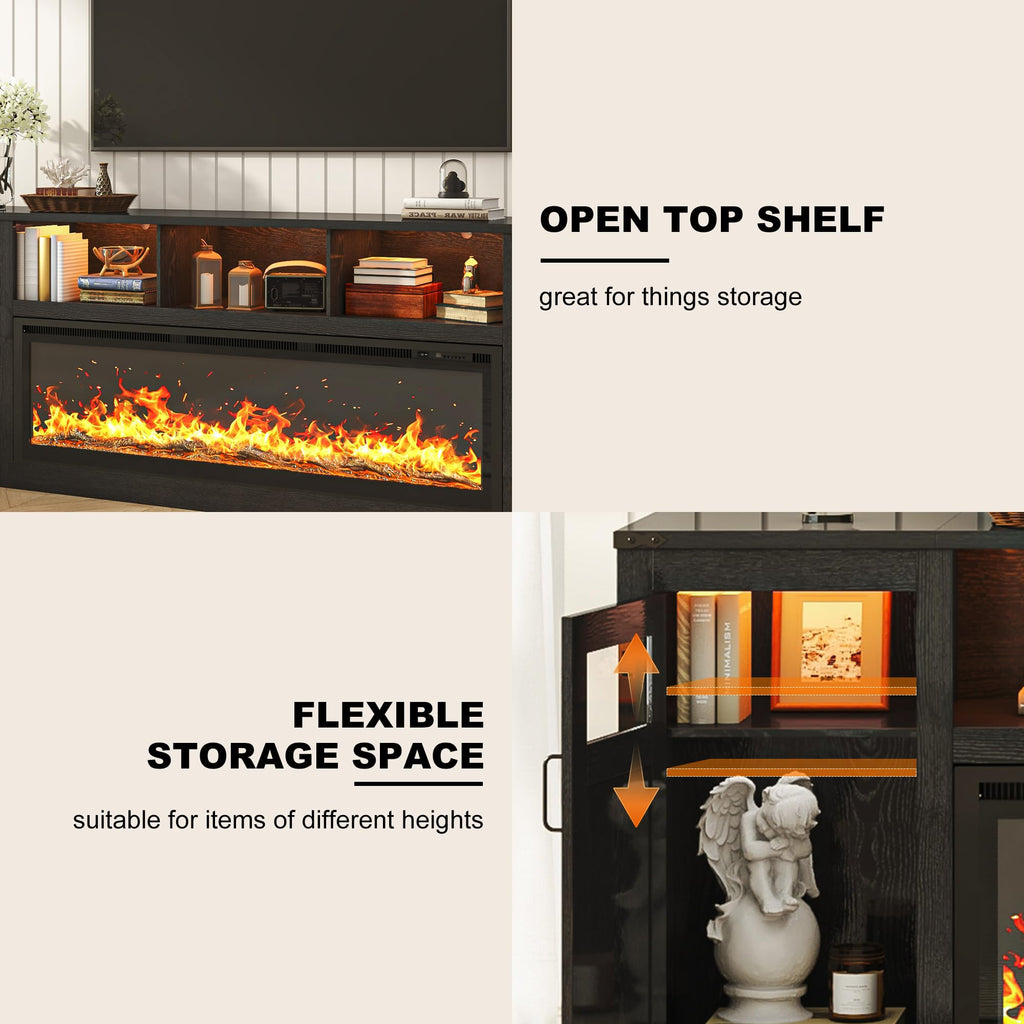 95" Fireplace TV Stand, Farmhouse Entertainment Center for 100" TV, Black