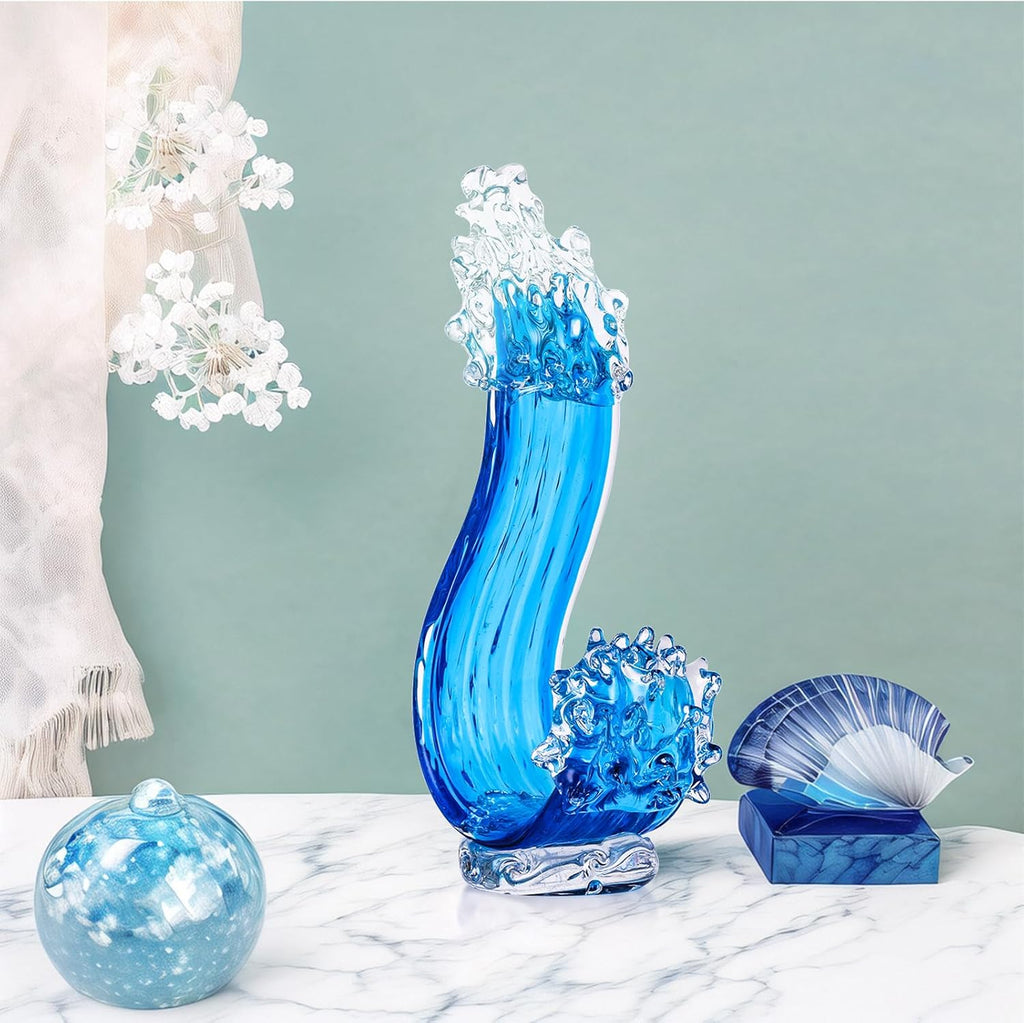 Blue Glass Sculpture Home Decor, Hand Blown Glass Art Statue, Glass Ocean Waves Home Living Room Decorations