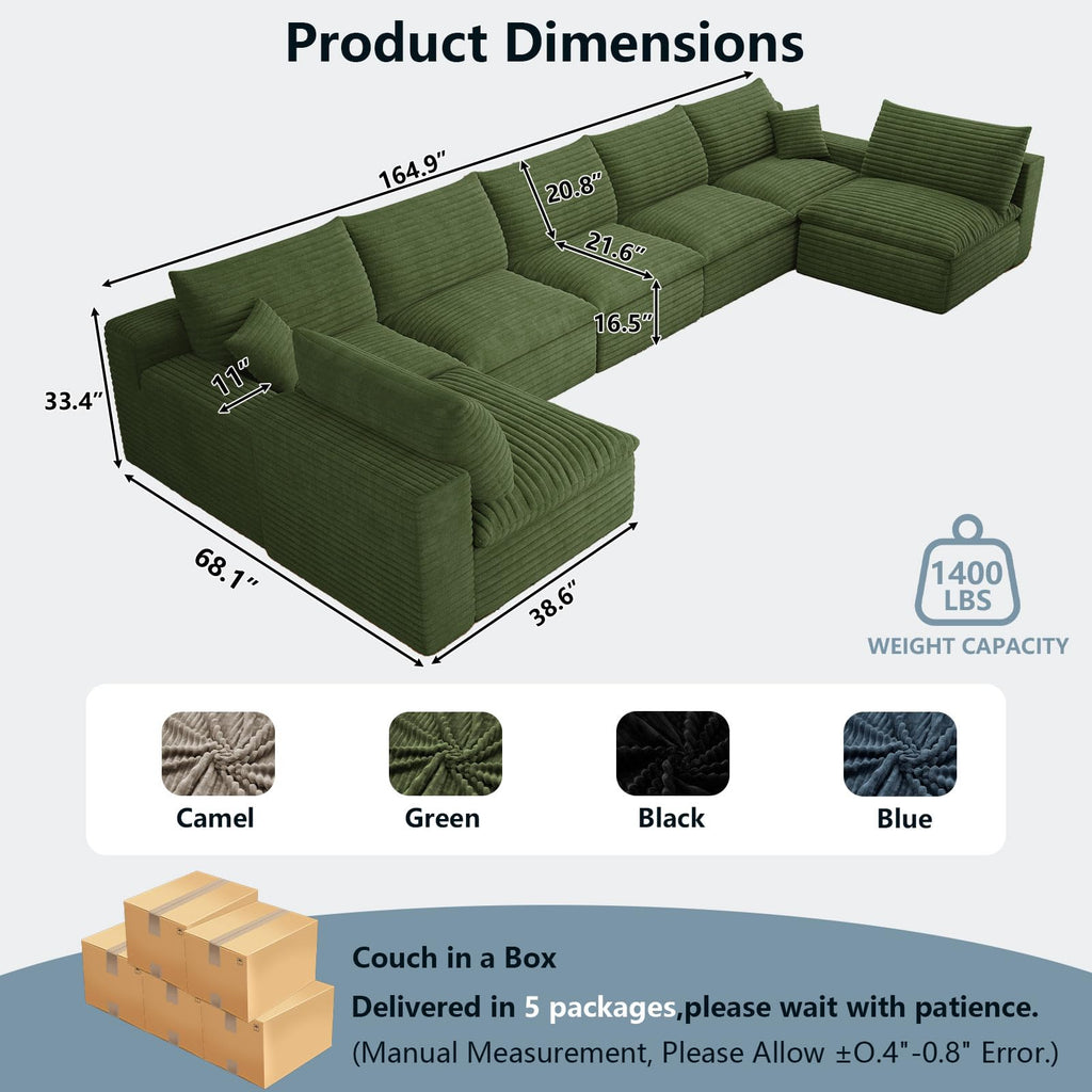 165" Oversized Cloud Sectional Couch with U-Shaped Chaise, 7-Seater Corduroy Viral Boneless Sofa, Memory Foam Couches