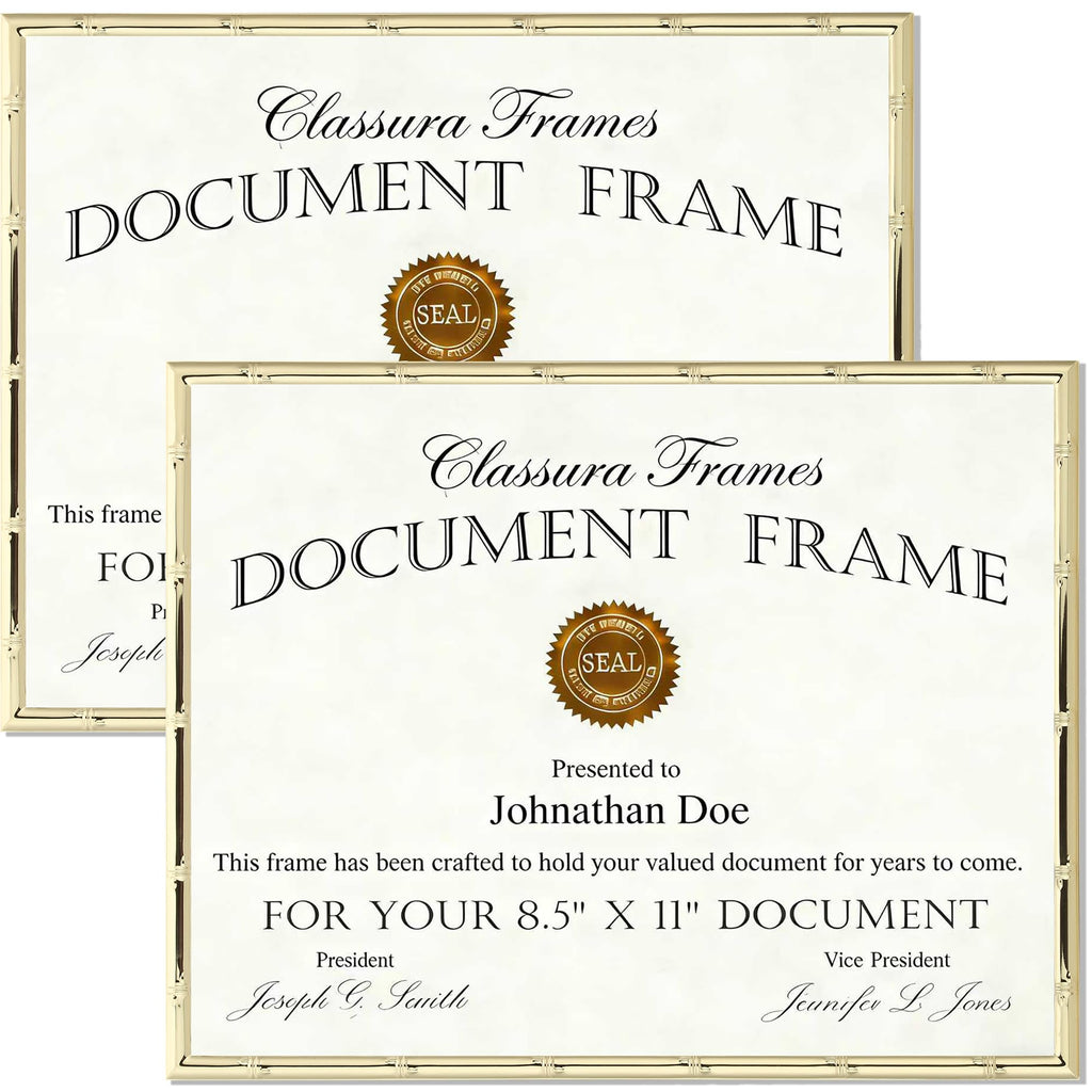 Gold 8.5x11'' Bamboo Detail Designs Metal Certificate Frame 2pack, 8.5x11'' Document Frames, Elegant Gold Plated