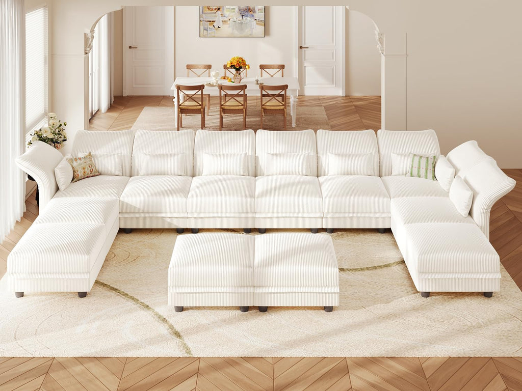 12 Seater Modular Sectional Sofa, Beige Corduroy