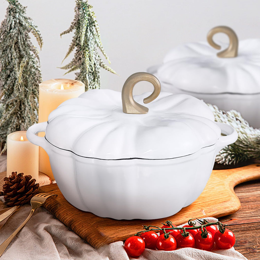 Pumpkin Cast Iron Dutch Oven, 3.3 Qt, White, Enameled, with Lid
