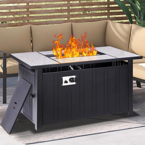 47" Propane Fire Pit Table with Real Ceramic Tabletop, 50000 BTU Gas Firepit Table with Lid & Lava Stones