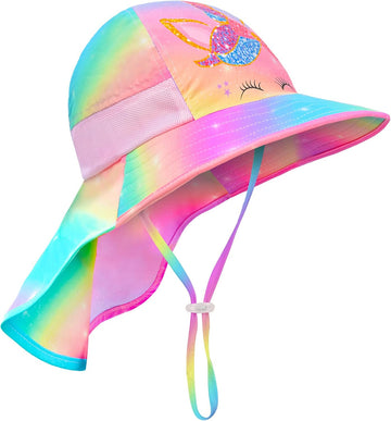 Kids Sun Hat Anti-UV Girls Boys Wide Brim Neck Flap UPF 50+ Sun Protection Beach Hat with Adjustable Chin Strap Ages