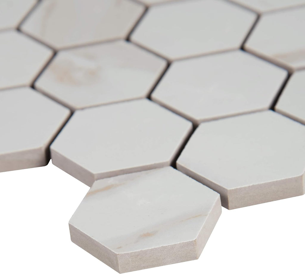 Calacatta White Hexagon Porcelain Mesh Mounted Mosaic Tile Flooring