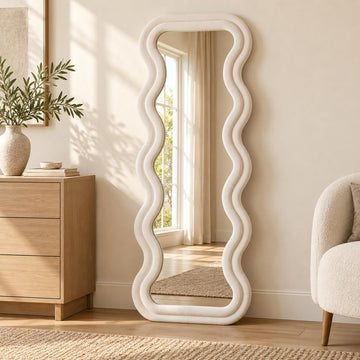 Full Length Wavy Mirror, 63"x24", Arched Floor & Wall Mirror - Standing, Hanging or Leaning - Flannel Wrapped Wooden