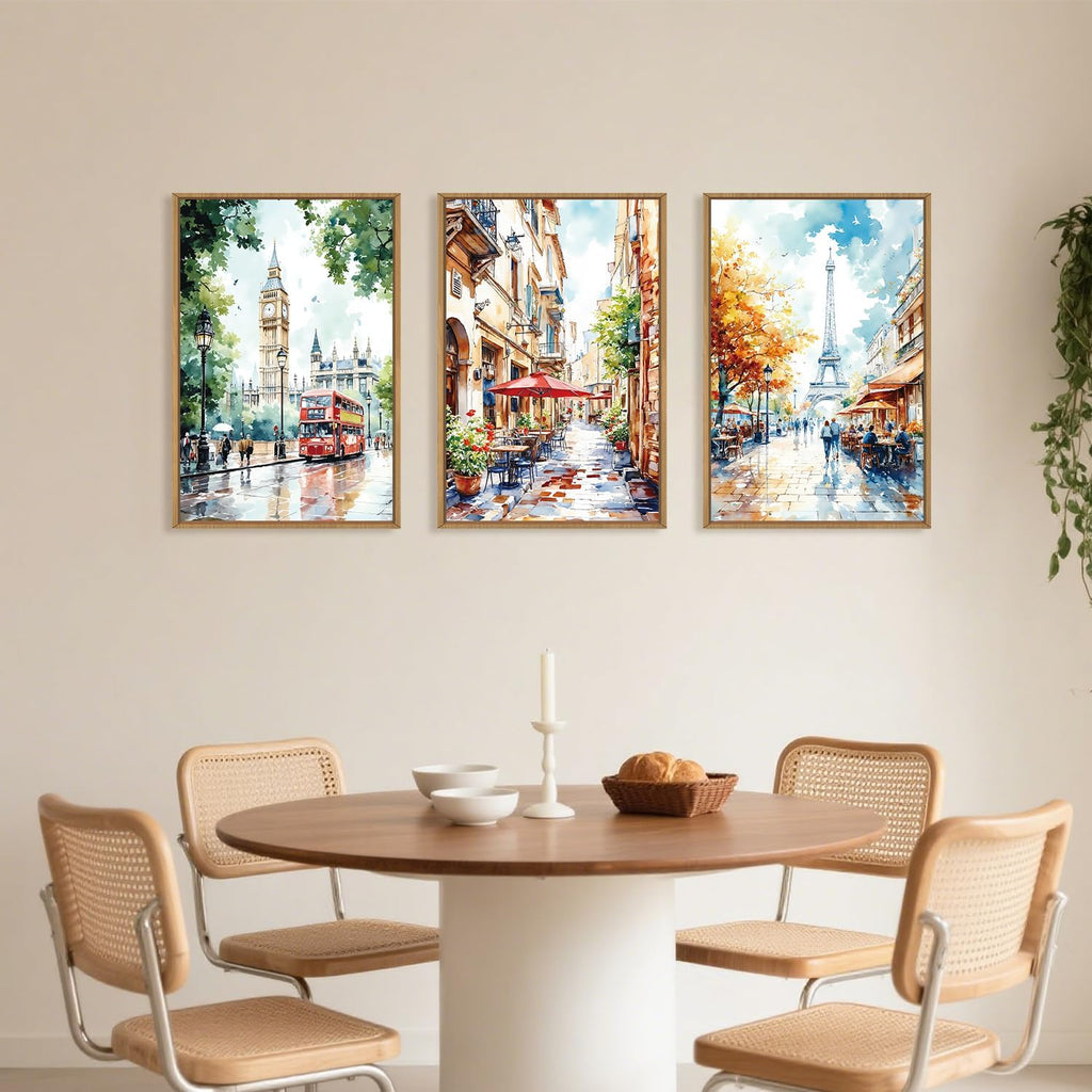 Watercolor European Cityscape Framed Canvas Wall Art Set,London Big Ben & Paris Eiffel Tower Street Scenery Wall