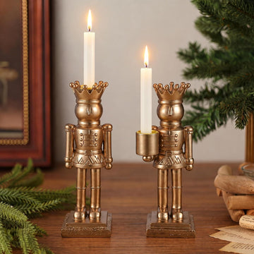 2 Pcs Gold Taper Candle Holders, Christmas Nutcracker King