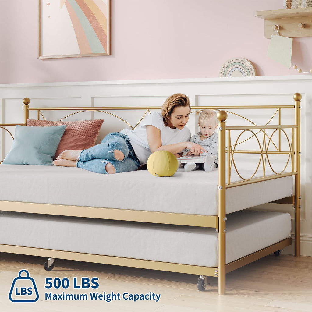 Metal Twin daybed with Trundle with Steel Slat Support