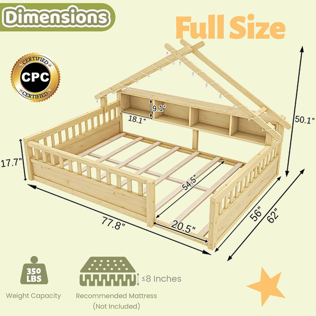 Floor Bed with Storage Bookshelves and Light, Wooden Montessori House Bed Frame with Roof Shape, High