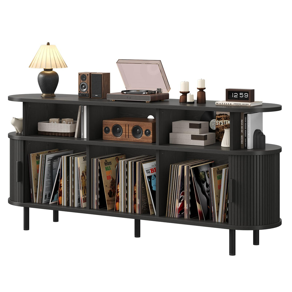 69" Large Round Record Player Stand with Charging Station, Black