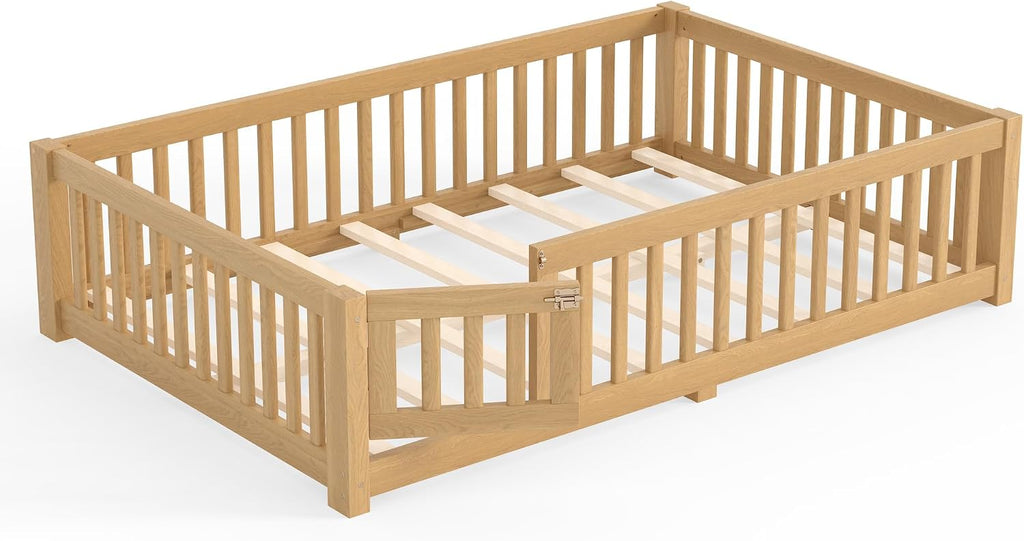 Montessori Floor Bed Frame with Slats and Fence for Kids, Natural