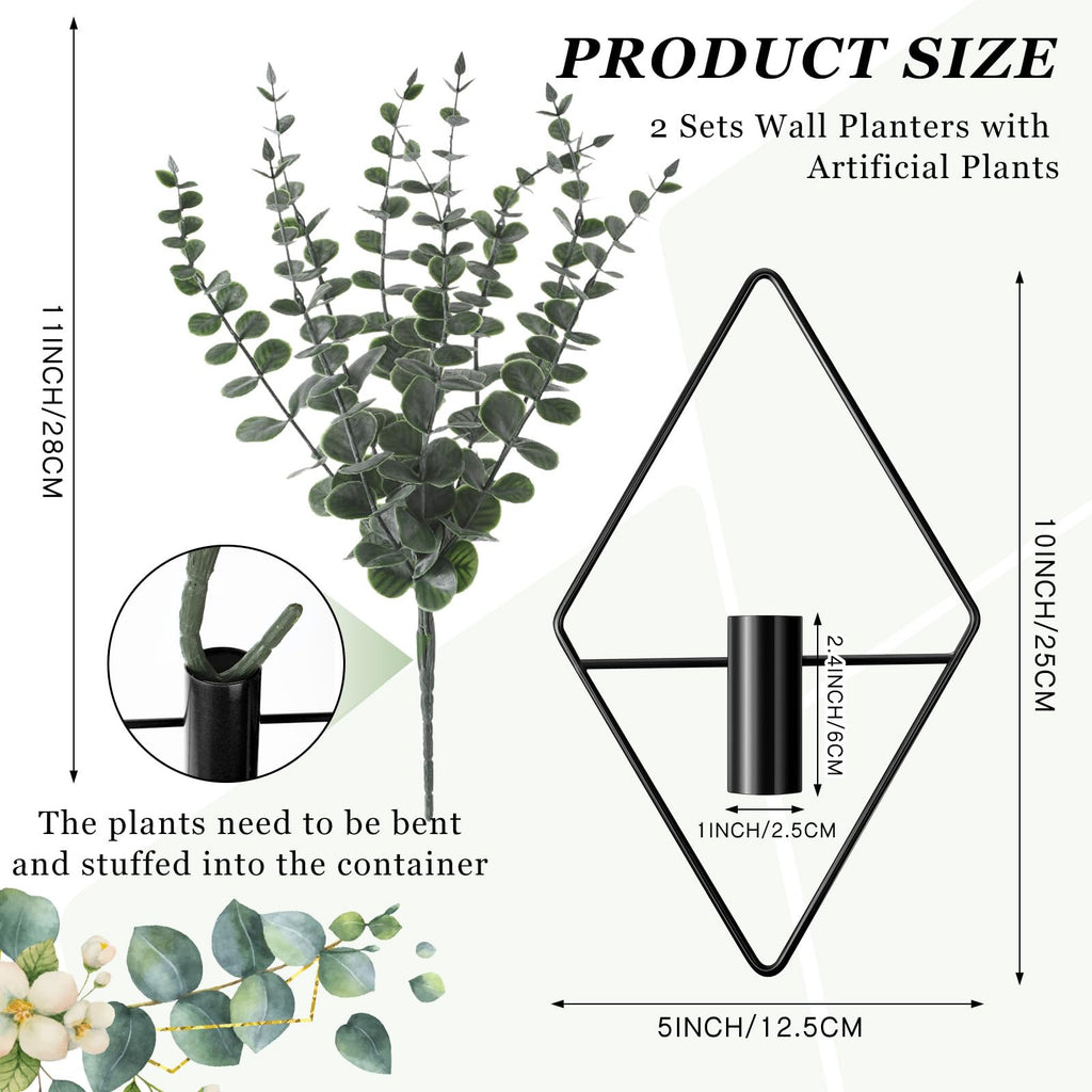 2 Pcs Hanging Artificial Planters Wall Decor, Black, Eucalyptus