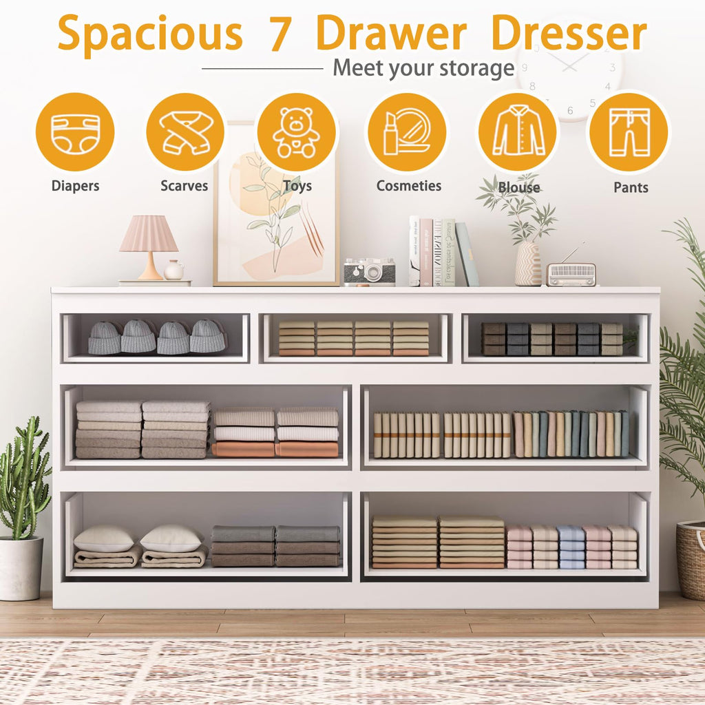 7 Drawers Dresser with Charging Station, Modern Large Dresser with 7 Handle Free Drawers, Wood Chest of Drawers
