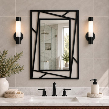 Black Geometric Wall Mirror, 36 x 24 Inch Decorative Metal Framed Bathroom Mirror, Horizontal or Vertical Mount
