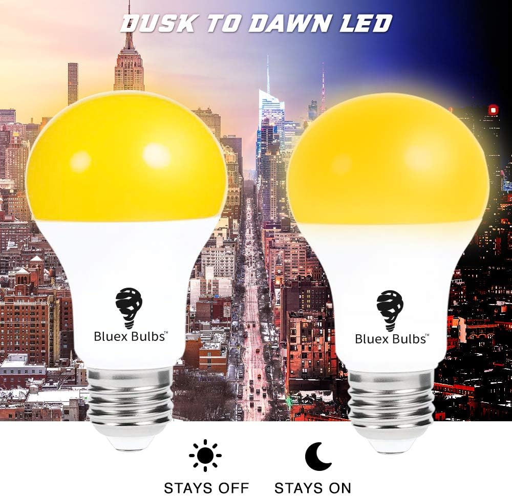 2 Pack LED Dusk to Dawn A19 Bug Light Bulbs, Yellow Amber Light With Automatic Sensor, Porch Lights Security, Auto