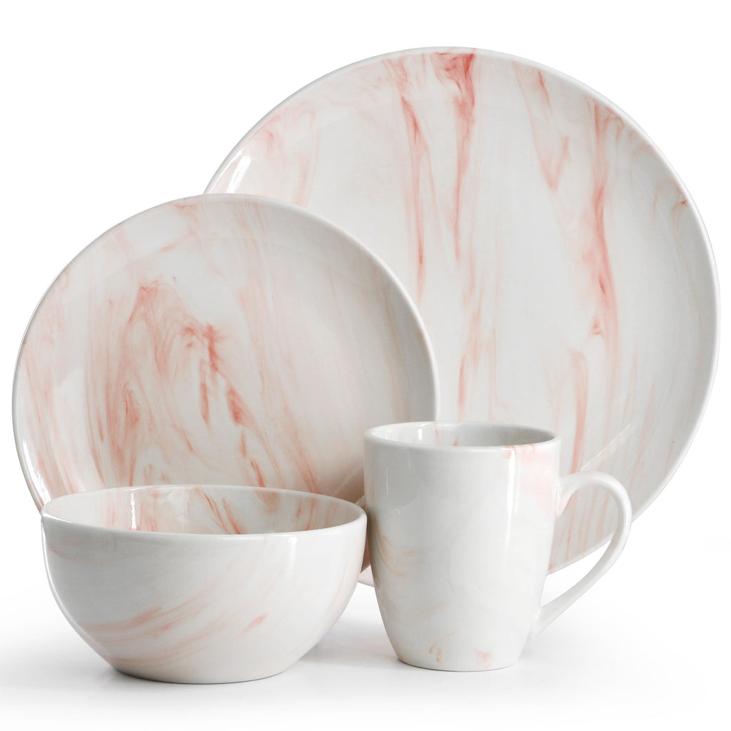 Fine Marble 16 Piece Porcelain Dinnerware Set, Tableware Set, Everyday Dining, Service for 4 (Red)