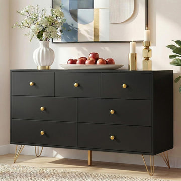 Black Dresser, Modern 7 Drawer Dresser with Gold Handles and Metal Legs, Black and Gold Dressers & Chest of Drawers