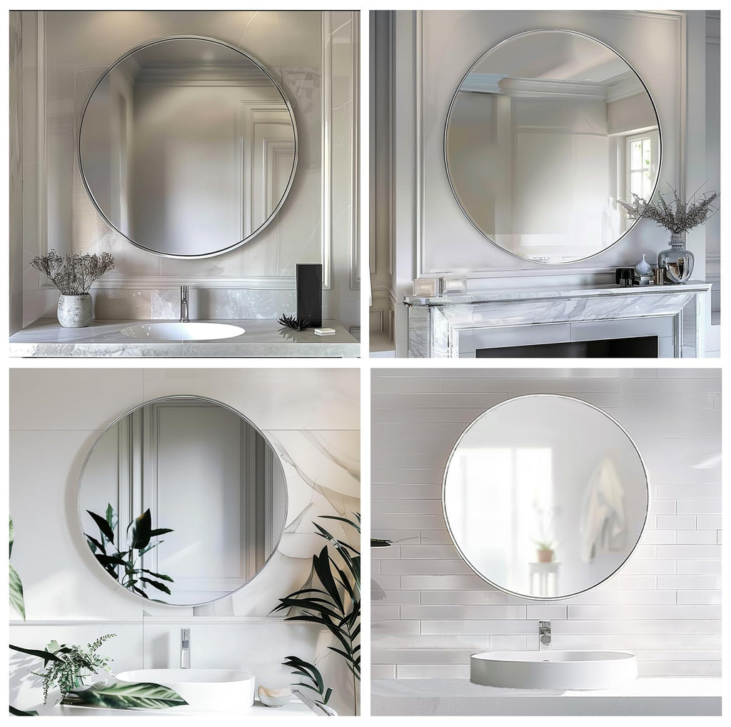 Round Mirror 22 inch, Nickel Bathroom Mirror, Brushed Metal Frame