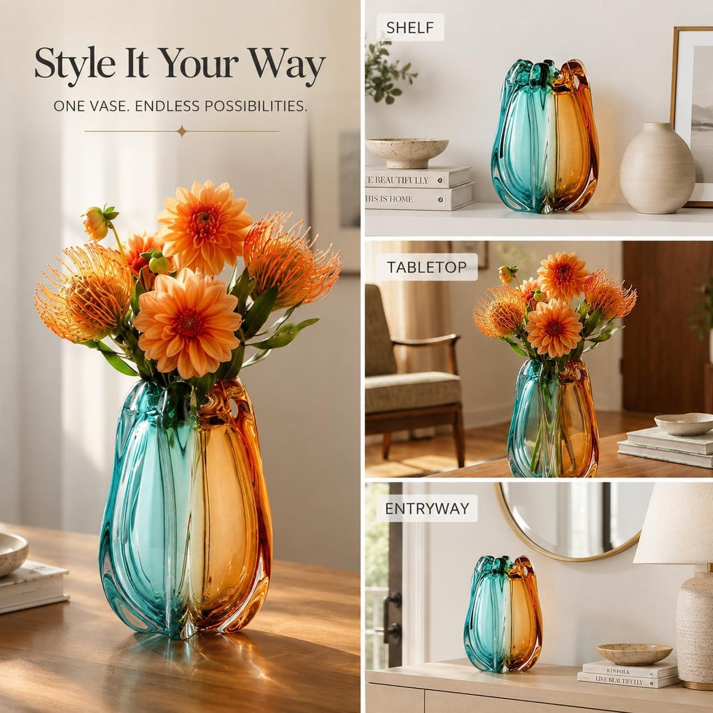 Hand Blown Art Glass Vase for Decor,Heavy Large Wide Mouth Flower Vase,Art Deco Murano Style Teal Amber Living Room