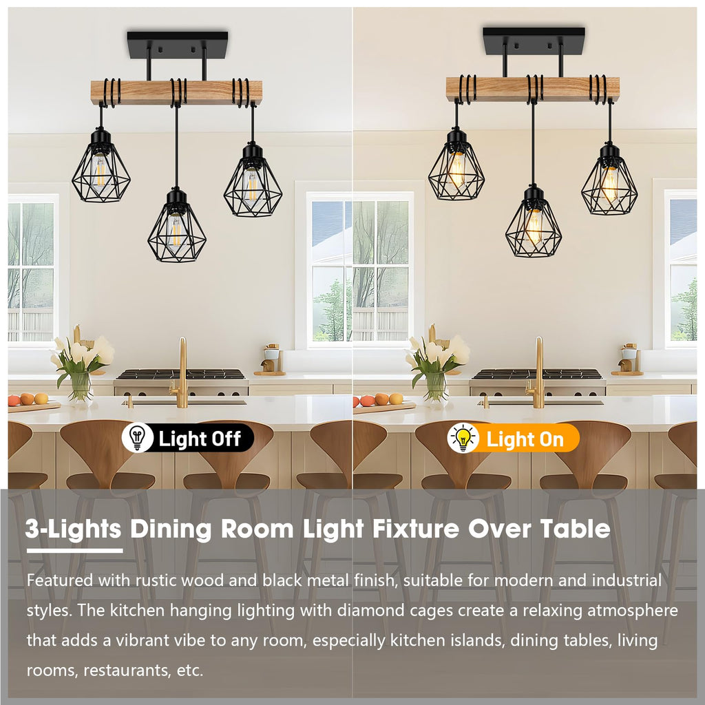 Farmhouse Dining Room Pendant Light Fixtures Over Table, Rustic Solid Wood Kitchen Island Lighting Hanging