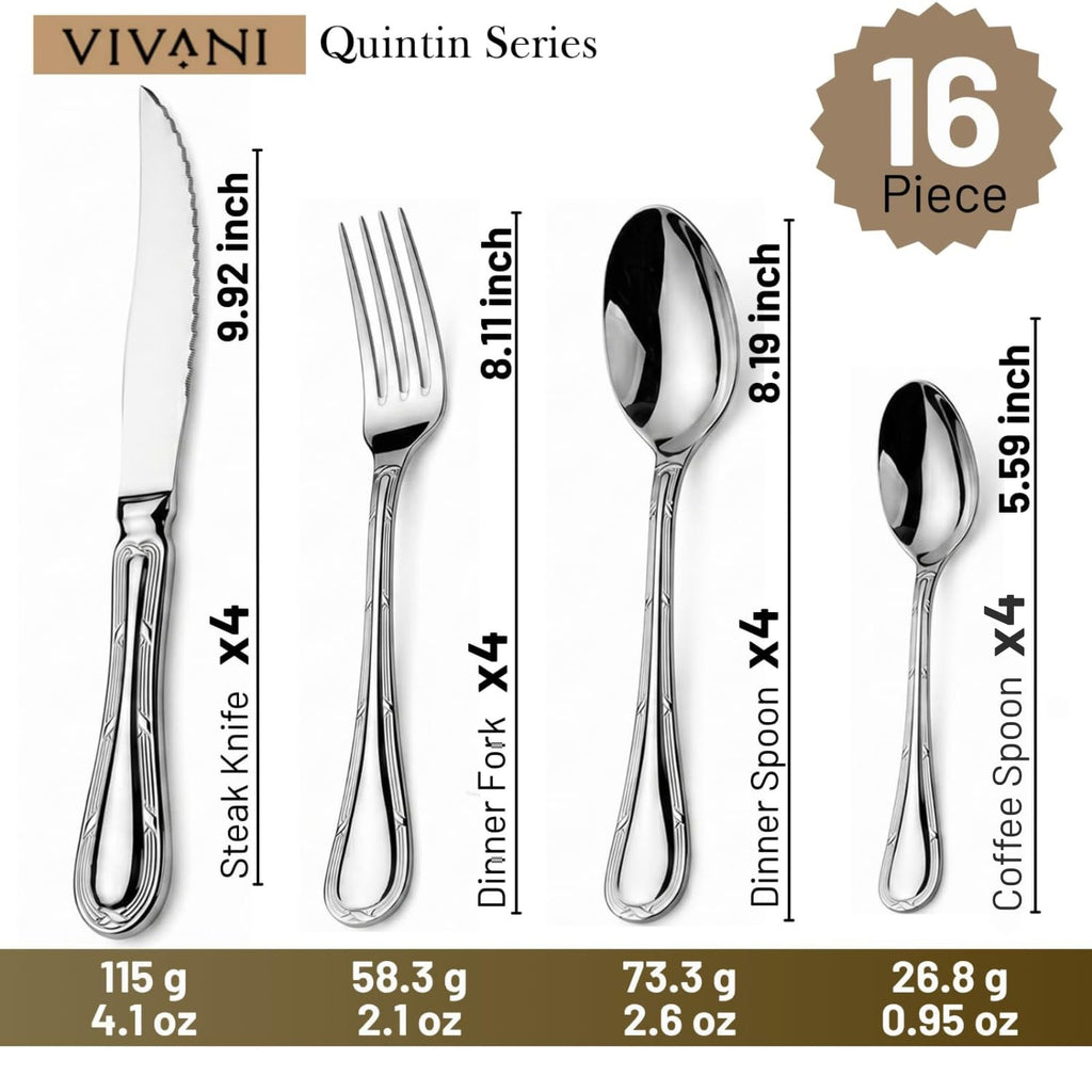 16pcs Vintage Silverware Set for 4, 18/10 Stainless Steel Flatware