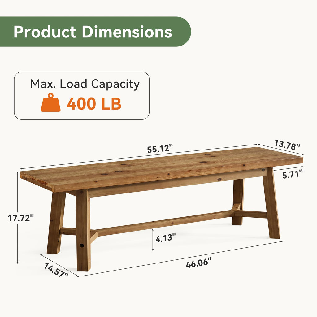 55" Solid Wood Bench, Farmhouse Bench Seat