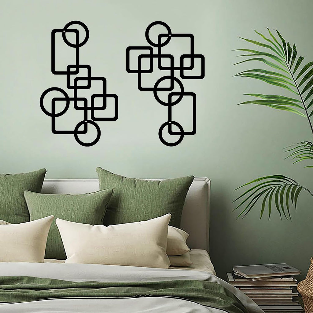 Black Abstract Metal Wall Art Decoration Minimalist Decor 3D Textured Square Logo Metal Wall Sculpture Bedroom - Set of 2