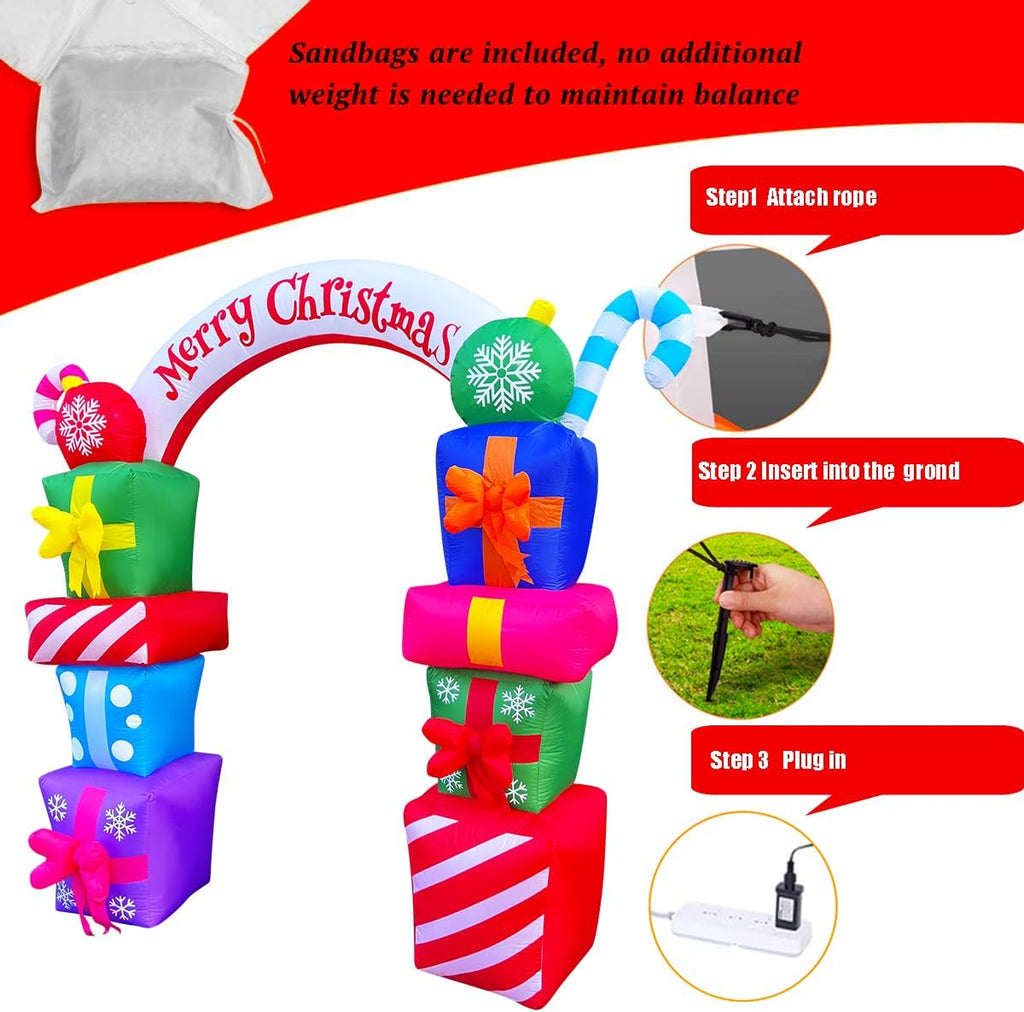 8 FT Christmas Inflatable Gift Boxes Arch Archway with Candy Merry Christmas Decoration Blow Up Lighted for Xmas Lawn