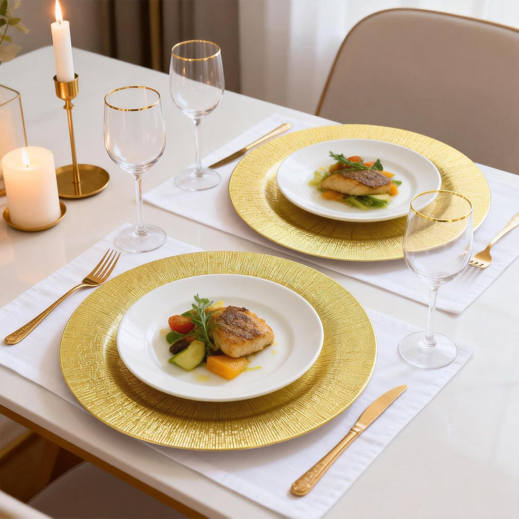 36-Pack 13" Gold Plastic Charger Plates - Heavy-Duty Smooth Rim, Disposable/Reusable, Spill-Proof Round Chargers - Set of 36