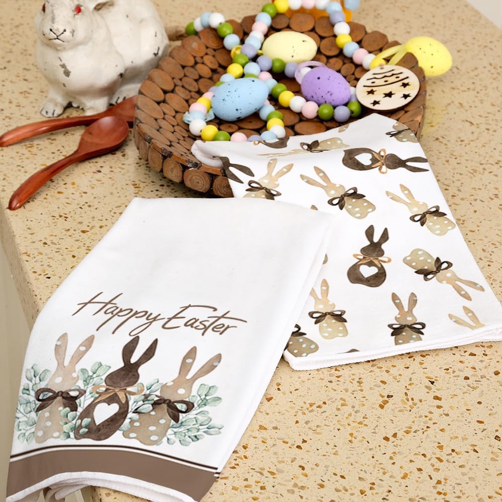 Easter Kitchen Towels,Beige Polka Dot Bunny Leaves Dish Towels 18x26 Inch Drying Dishcloth,Farmhouse Holiday - Set of 2