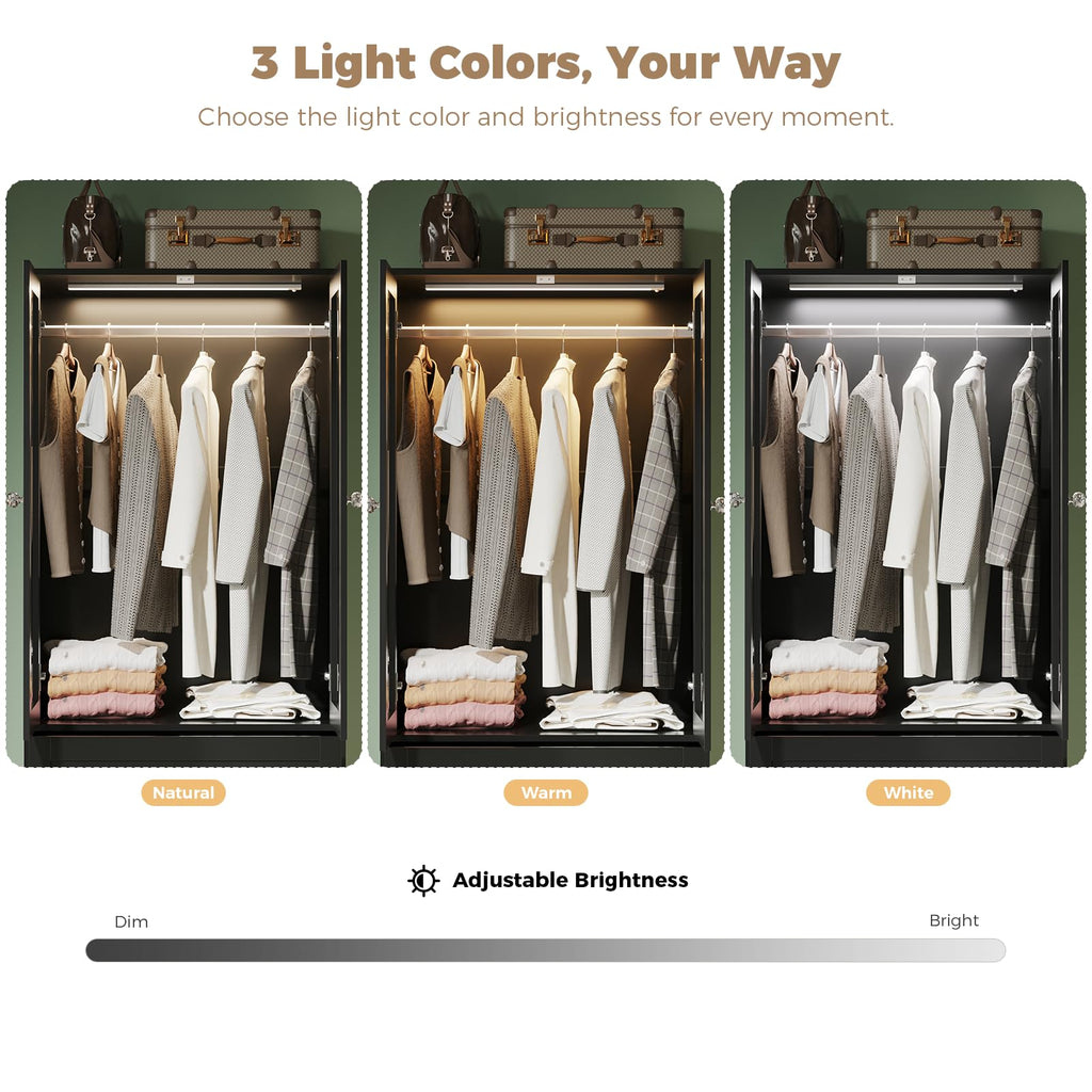 71" H Armoire Wardrobe Closet with Motion Sensor LED Light (Black)