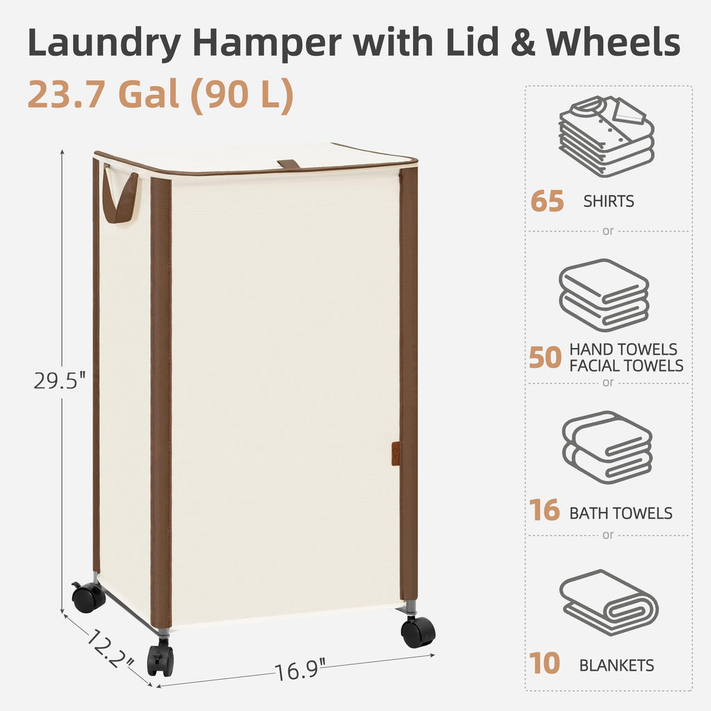 Rolling Laundry Hamper with Lid, 23.7 Gal (90 L) Large Tall Laundry Basket with Wheels & Handles, Aesthetic Dirty