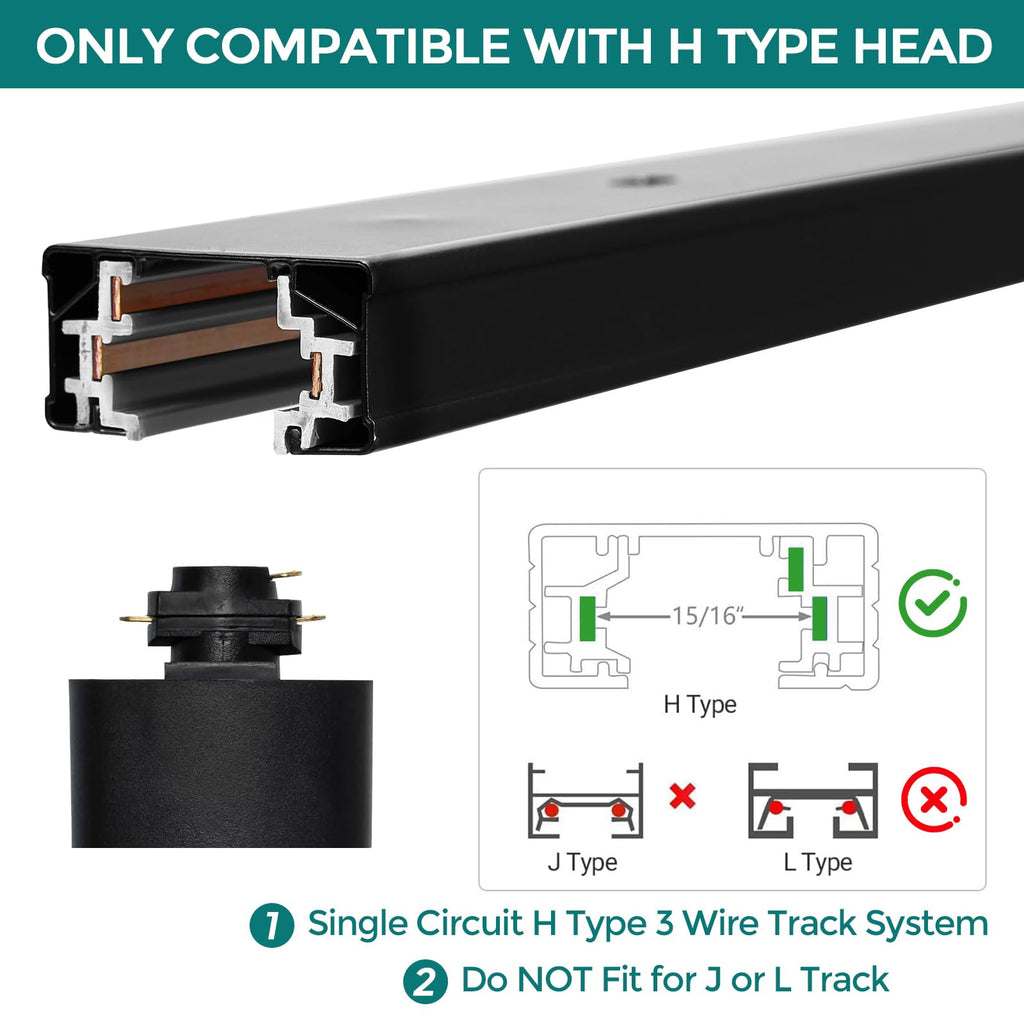 H Track Lighting Rails Kit - 26ft Black Track Light Track 3 Wire with Floating Canopy Connector, I and L Connectors