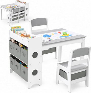 Kids Art Table & 2 Chairs Set, Bookshelf, Grey